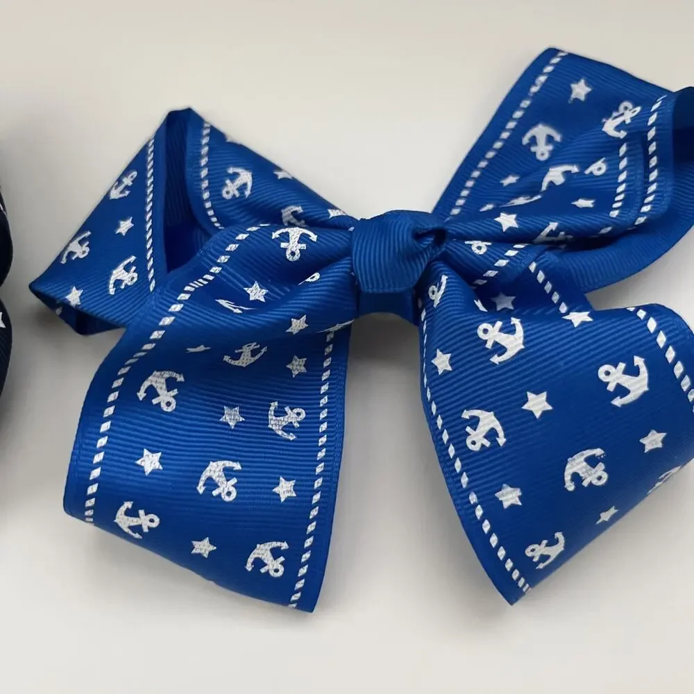 Lot Of 2 Ribbon Designed 6” Bow Clips Blue Light Blue Anchors Alligator